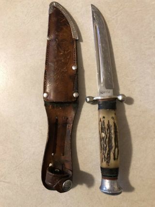 Vintage Puma Fixed Blade Knife Germany Stag Handles And Leather Sheath