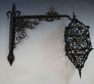 Antique French Gothic Hand Wrought Iron Outside Lantern & Bracket