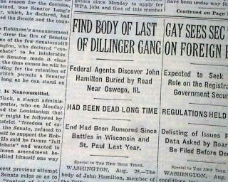 John Hamilton Bank Robber & Dillinger Gang Criminal Body Found 1935 Newspaper