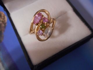 Vintage 10k Gold 1.  2tcw Natural Pink/white Topaz And Green Peridot Ring Size 6