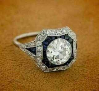 Art Deco Vintage 2.  25 Ct Diamond & Sapphire 14k White Gold Over Engagement Ring