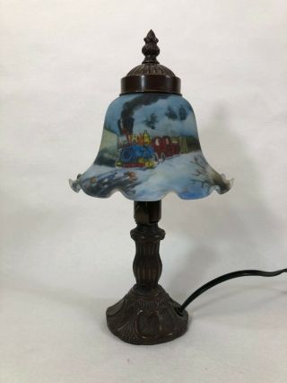 Vintage Table Lamp With Reverse Painted Glass Shade,  12 " Tall