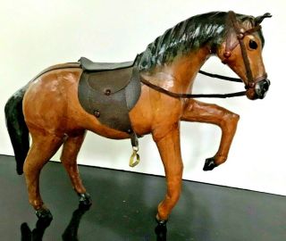 Antique Vintage Figure Leather Wrapped Horse Figurine Statue Equestrian 13.  5 "