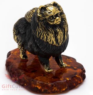 Solid Brass Amber Figurine Of Pomeranian Spitz Dog Ironwork