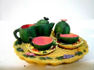 Miniature Tea Set Resin Watermelon 8 Piece Set Red Green 4.  5 " Plate Teapot 2 "