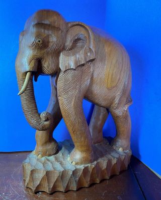 Large Vintage Hand Carved Wooden Asian Elephant 15 " Detail