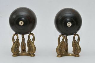 Antique English Wood Lignum Vitae Lawn Ball Bowls On Brass Stands