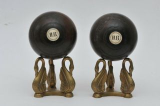 ANTIQUE ENGLISH WOOD LIGNUM VITAE LAWN BALL BOWLS on BRASS STANDS 3