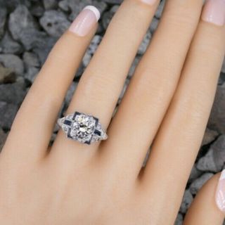 Vintage Art Deco 2.  59 Ct Diamond / Sapphire In 14k White Gold Fn Engagement Ring