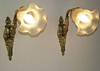 Pair French Bronze Classical Style Wall Sconces White Frill Glass Shade 1935
