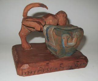 Vtg 1960 ' s Hand Carved Wood Folk Art Basset Hound Dog Peeing on Suitcase Signed 3