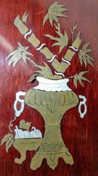 Vtg 50s Asian Mother Pearl & Metal Inlay Art Lacquered Wood Wall Hanging Panel