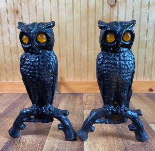 Antique Cast Iron Figural Owl Fireplace Andirons W/original Glass Eyes
