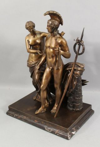 19thc Antique Bronze Sculpture,  Allegorical Nude Roman Gladiator Man & Woman