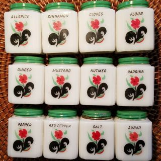 Set Of 12 Vintage Mckee Tipp City Usa Red Flower Milk Glass Spice Jars Shakers