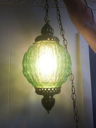Vintage Hanging Retro Mcm Glass Swag Lamp Light Green / Emerald