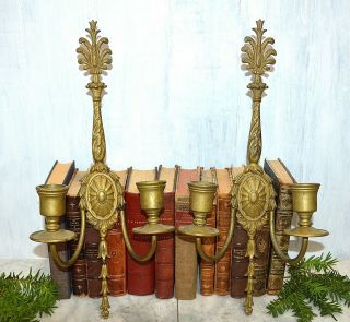 Antique Pair French Bronze Brass Tall Candle Holder Sconces Double Arm