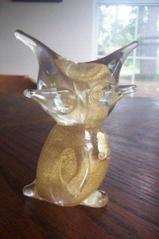 Vintage Murano Glass Gold Speck Owl Paper Weight Mario Sanzogno Made In Italy