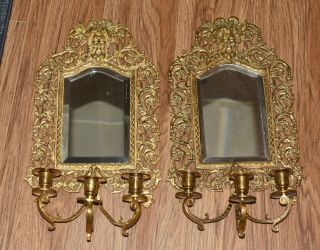 Vintage Antique Brass Triple Candle Holder With Mirror Wall Sconce Set Of 2