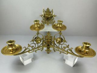Pair Antique Arts & Crafts Brass Double Candle Sconces