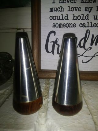 Vintage Mid Century Modern Chrome And Wood Look Salt And Pepper Shakers Retro
