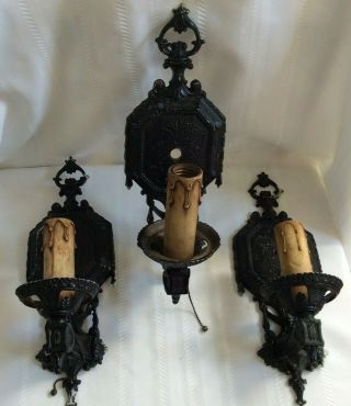 3 Vintage Electric Art Deco 13 " Metal Wall Sconces With Candle And Pull Chain