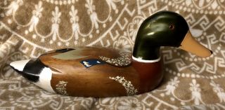 Large Vintage Hand Painted Wood Mallard Duck Decoy 14.  5” Figurine Glass Eyes