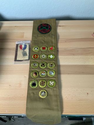 Rare Bsa Boy Scouts Merit Badge Sash (16) With Medal And National Rifle Badge