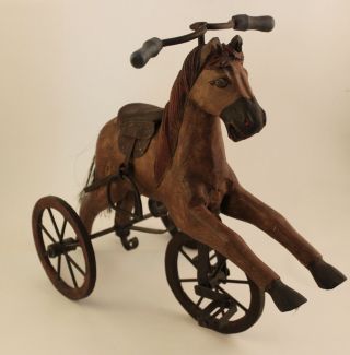 Vintage Wood Horse On Wheels Statue Tricycle Rustic Country Decor 13.  5 " H 15.  5 " L