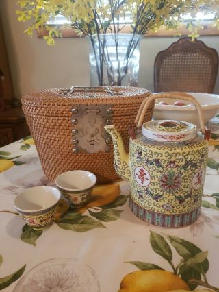 Vintage Collectible Chinese Porcelain Dragon Tea Set In Wicker Picnic Basket
