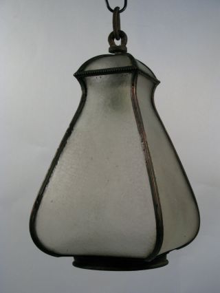 Antique Vtg Art Nouveau Hanging Pendant Light Fixture Copper & Glass