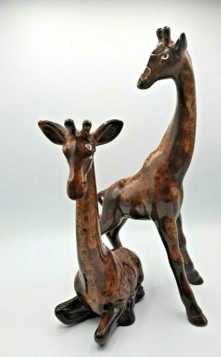 Vintage 2 Brown Mid Century Large Giraffe Ceramic Figurines