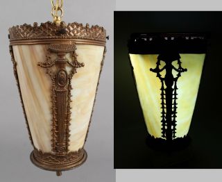 Antique 1920s Spelter & Brass Slag Glass Hanging Light Fixture,