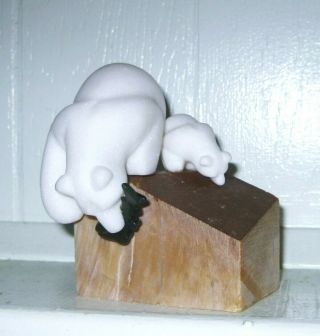 Carved & Polished White Marble Stone Mama & Baby Bear Jade Fish Sculpture Estate