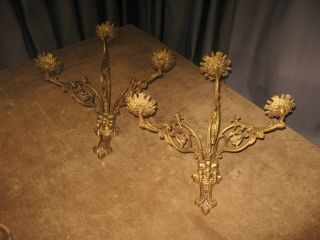 Pr Antique Solid Brass Wall Sconce Two 3 Arm Candle Holder Ornate Detail