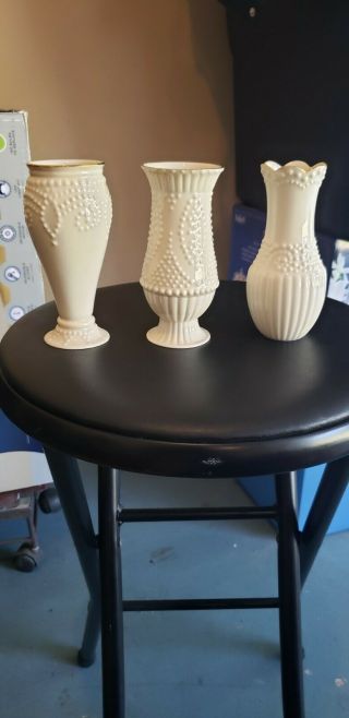 Set Of 3 Classic Lenox 5” Bud Vases—beaded Ivory With Gold Trim