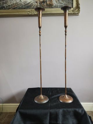 Lovely Antique Arts & Crafts Tall Floor Copper Candlesticks.  Circa 1899
