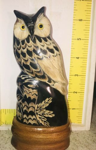 Vintage Carved Water Buffalo Horn Perched Owl Sculpture With Tag