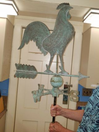 Large Vintage Copper Rooster Weathervane,  34x22,  Green Patina,