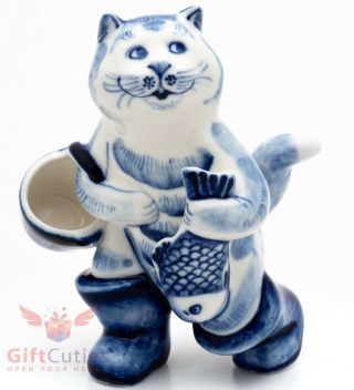 Gzhel Hand Painted Porcelain Figurine Of Fisherman Cat With A Fish