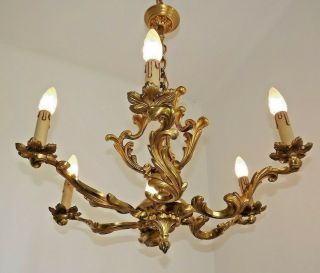 French Antique Rococo Bronze 6 Light Chandelier Cage Detail Chain & Rose 1670
