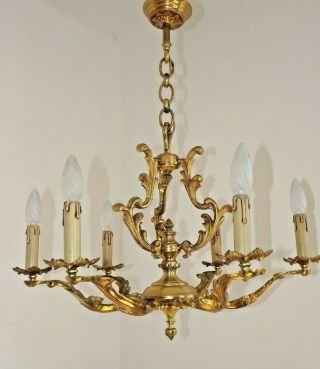 French Antique Rococo Bronze 6 Light Chandelier Cage Detail Chain & Rose 1670 2