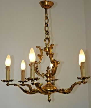 French Antique Rococo Bronze 6 Light Chandelier Cage Detail Chain & Rose 1670 3