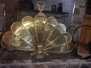 Vintage Ornate Brass Peacock Cameo Fireplace Fan Screen Art Deco