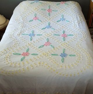 Vintage Chenille Bedspread Floral Pink Blue Yellow Green On White Fluffy Summer