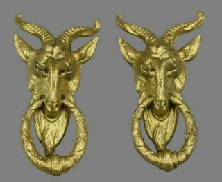 Antique French Ormolu Bronze Pair Ram Goat Salvaged Handles Hardware Pediment