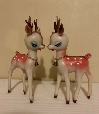 Set Of 2 Vintage Christmas Plastic Pink Sleepy Reindeer Deer Figurines Hong Kong
