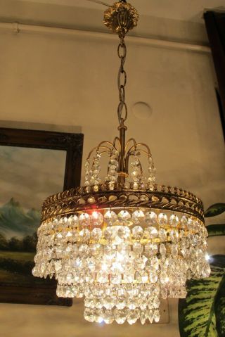 Antique Vnt.  French Basket Style Real Swarovski Crystal Chandelier Light Lamp