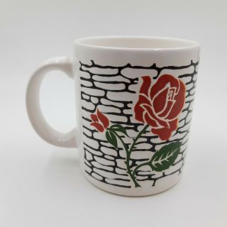 Vintage Waechtersbach Spain Coffee Cup Mug Black Brick Wall Red Roses Pattern