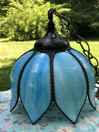 Vintage Blue Slag Glass Tulip Chandelier Swag Ceiling Hanging Lamp